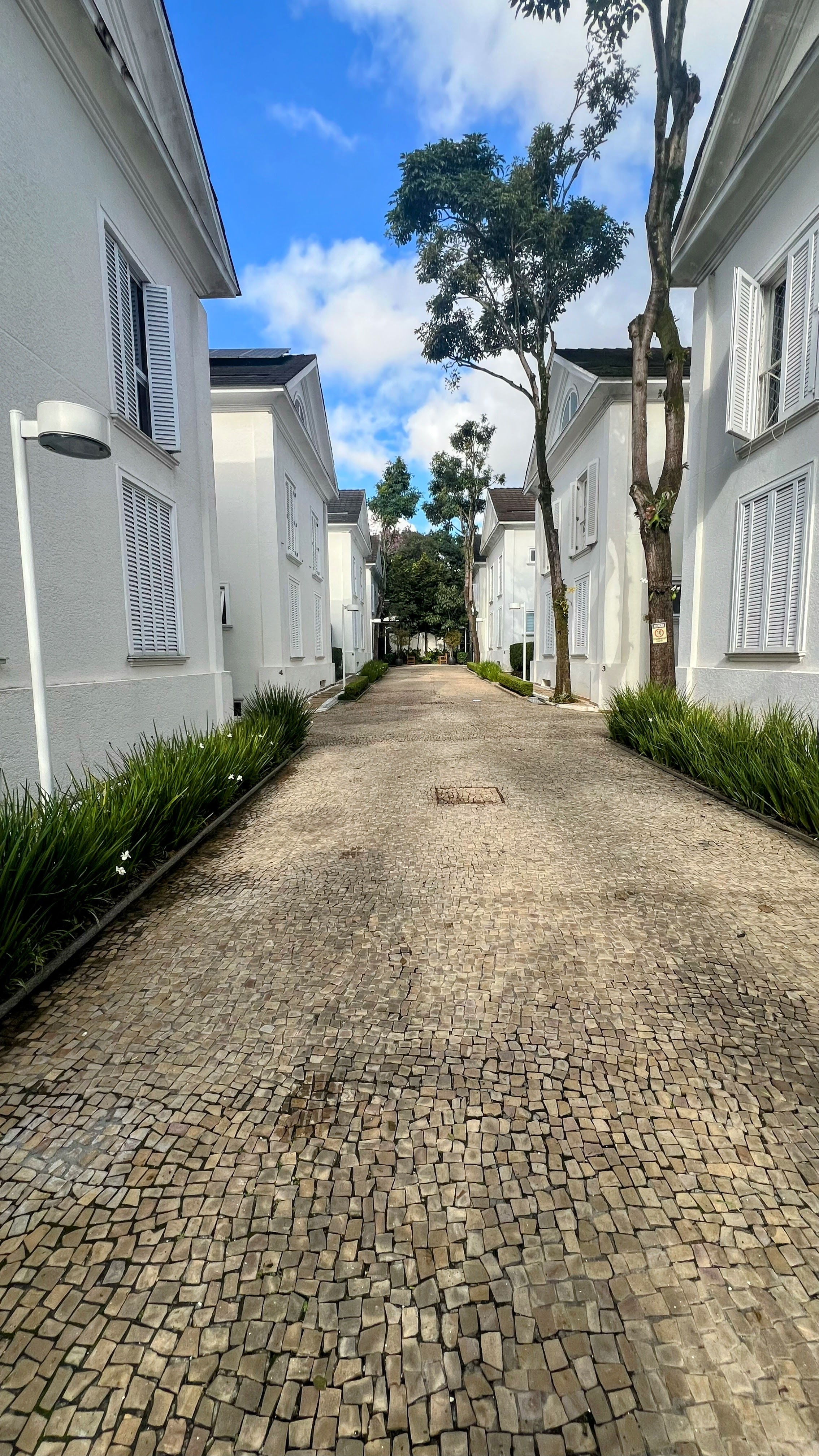 Alameda interna do condomínio com casas brancas e paisagismo